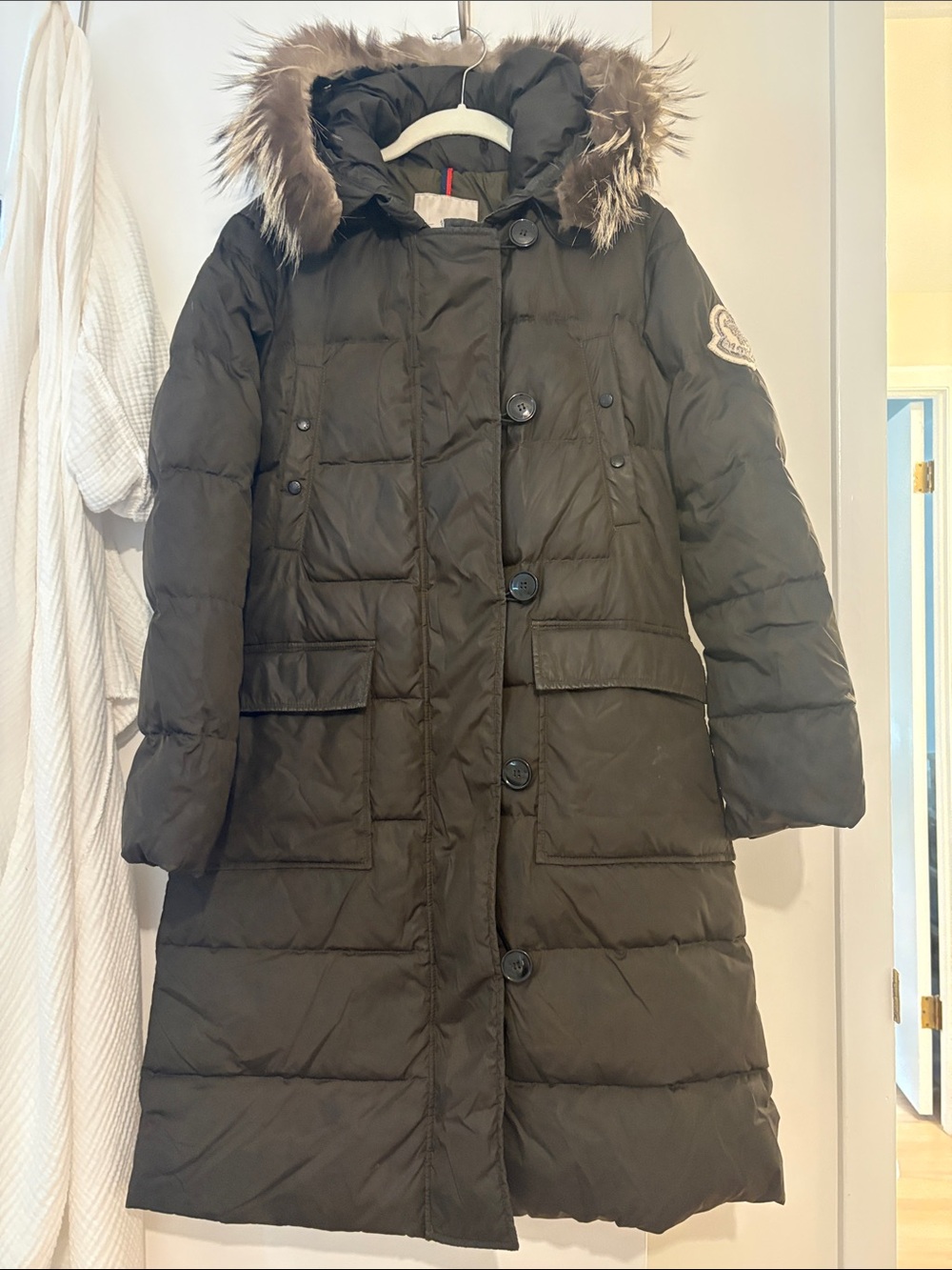 Moncler dark Brown  Long Down Parka with Fur-Trim Hood